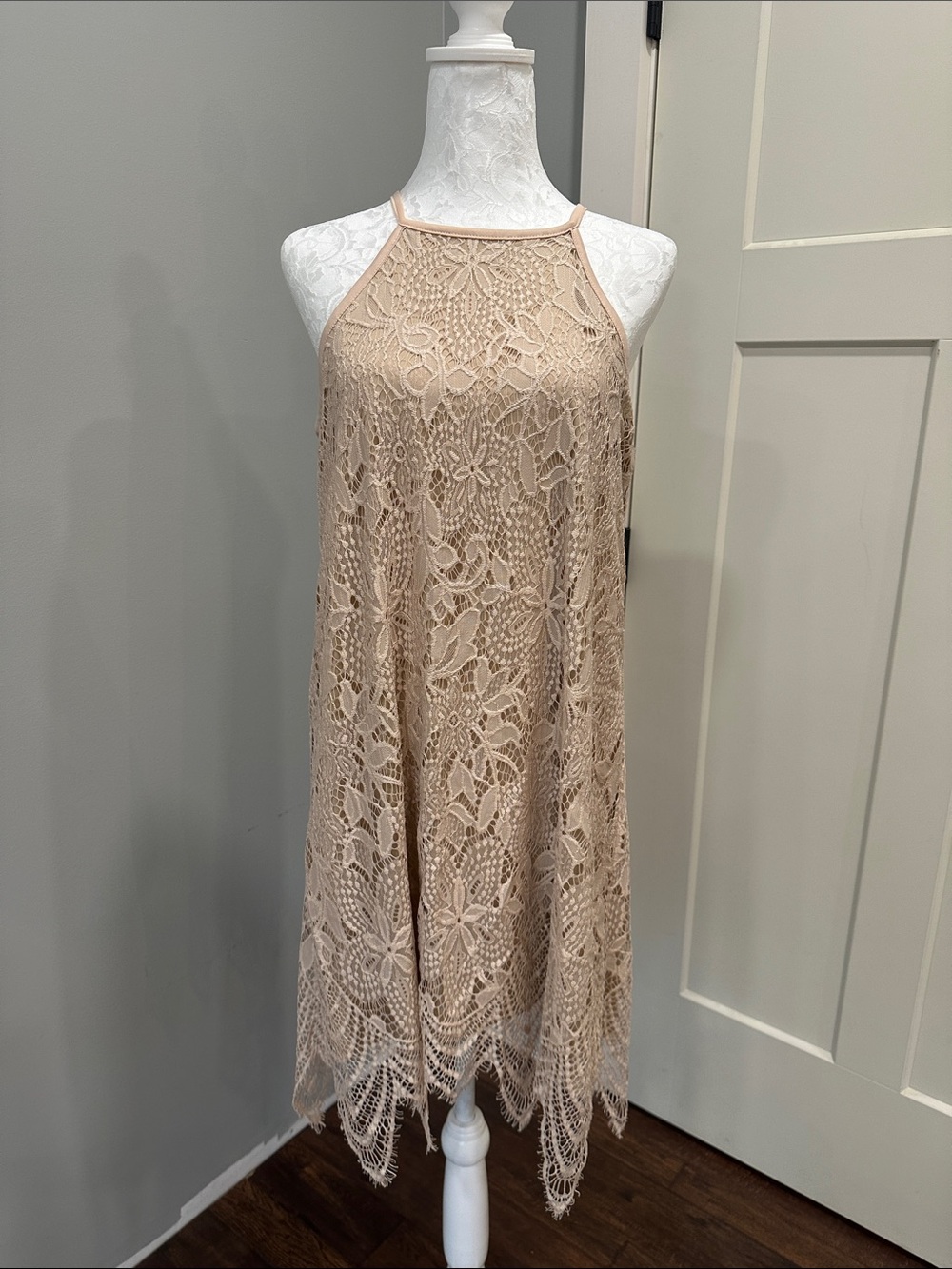 love, Fire Beige Crochet Lace Mini Dress